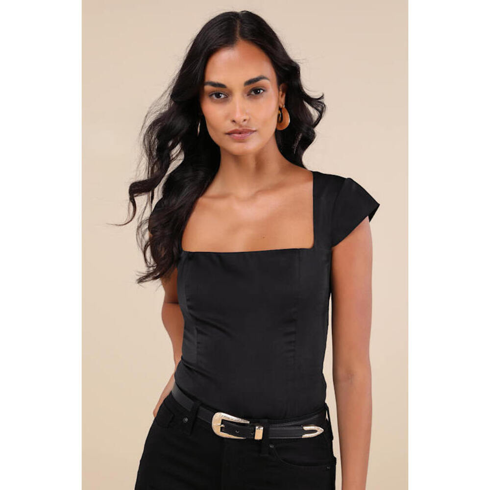 Lulus Sophisticated Intention Black Satin Cutout Cap Sleeve Bodysuit - Size S